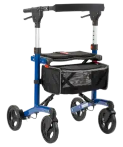 Blauwe rollator met tas